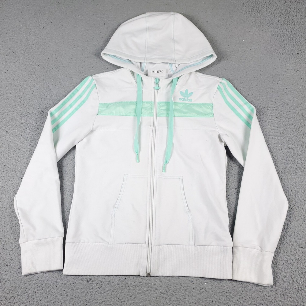 Adidas Sweater Girls Medium White Turquoise Full Zip Hoodie Sweatshirt Kids